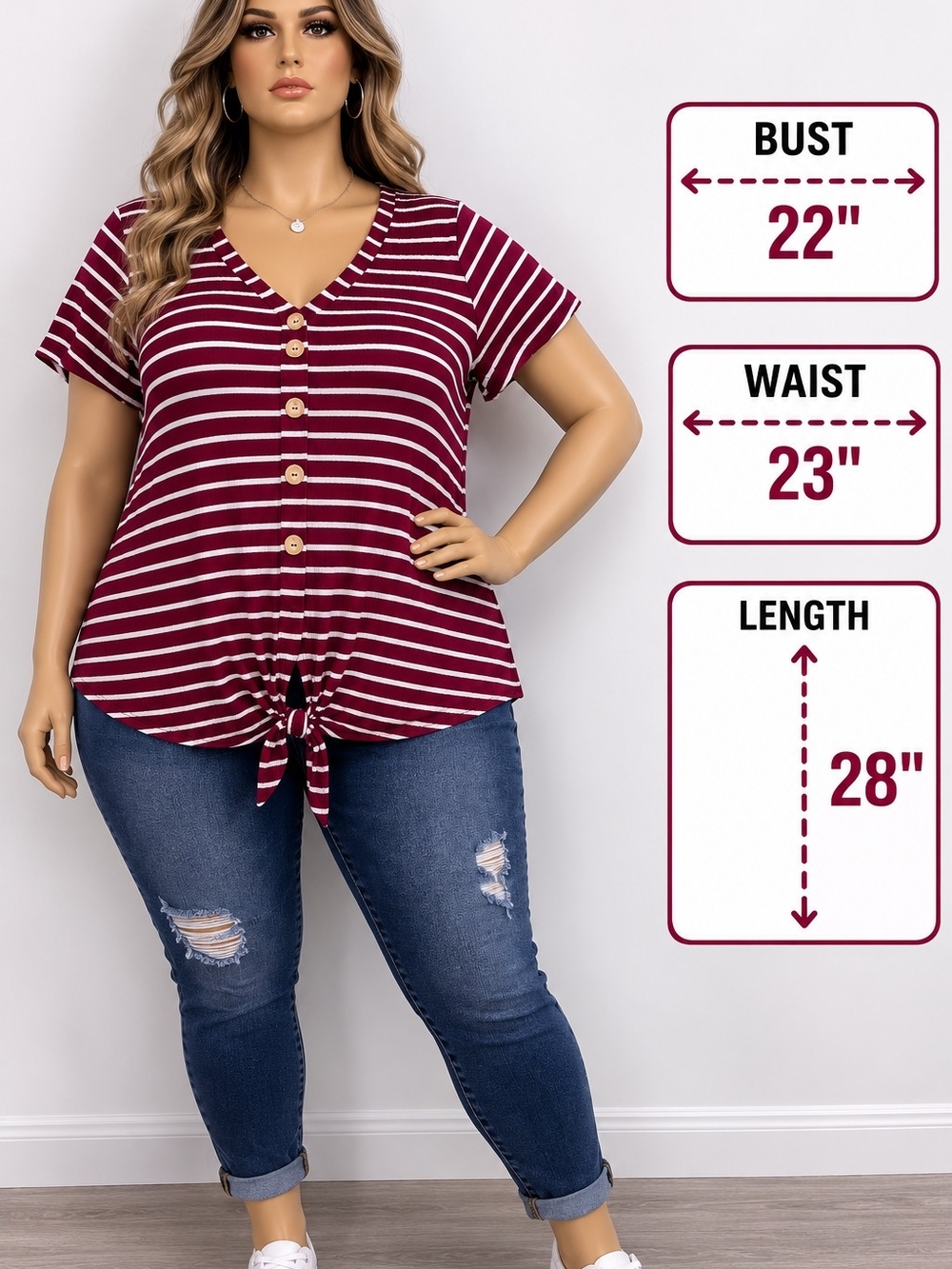 Button-Front Tie Hem Striped V-Neck Top - Burgundy/White